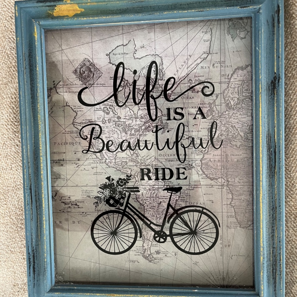 Life Is A Beautiful Ride in Rustic Blue Frame w Map Background - Picture 4 of 5